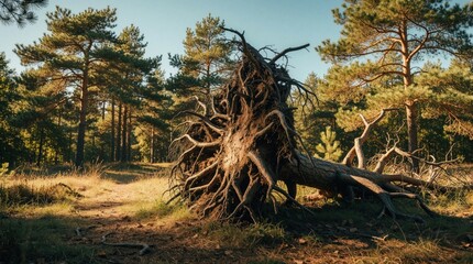 Naklejka premium Fallen tree with large exposed roots lies on forest floor. Sunbeams shine through pine trees in woodland. Dead timber, tangled root system show nature decay in bright meadow. Wild landscape with dry