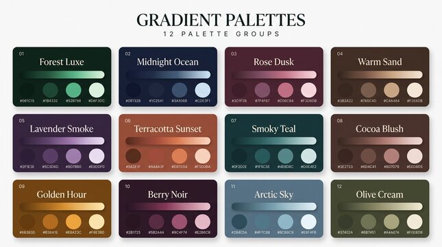Gradient palette group set with 12 color schemes. Featuring hex codes circles and bars for UI design and branding projects. Professional color guide