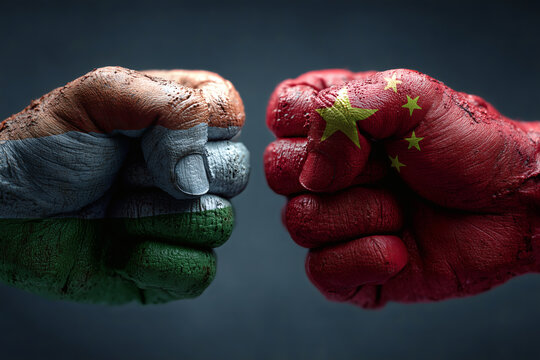 Symbolic Confrontation Between Two Fists Painted with National Flags - China and iran