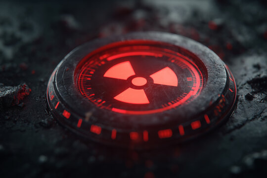Glowing Red Radiation Warning Symbol on Dark Surface