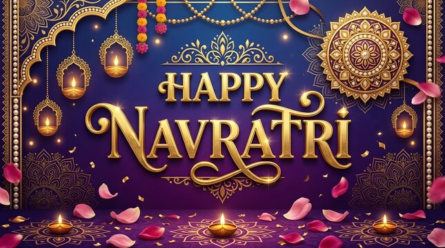Happy navratri festive background with golden typography, traditional hanging lamps, flower petals, and intricate mandala patterns in purple and gold