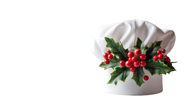 Elegant White Chef Hat Decorated with Festive Holly Leaves and Red Christmas Berries Professional Culinary Headwear Isolated on White Background