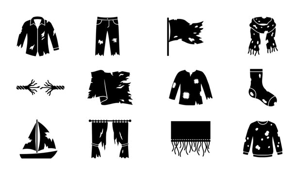 Set of 12 distressed icons: torn clothing, ripped fabric, tattered flag, tattered sailboat, damaged items, worn textiles, grunge style, black and white vector graphics for design