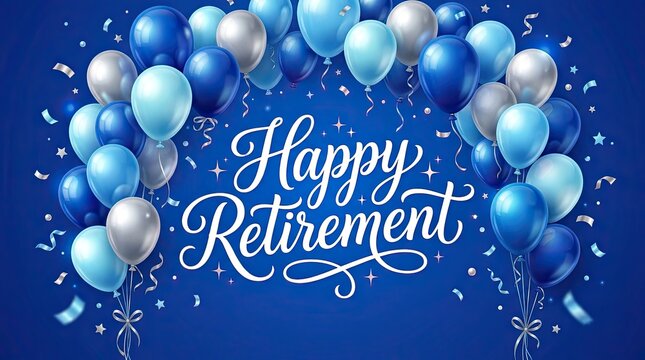 Celebratory happy retirement message with a vibrant arrangement of blue and silver balloons