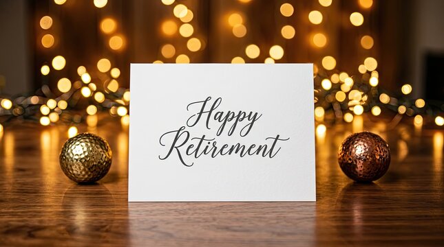 Elegant happy retirement message displayed at a festive celebration with bokeh lights
