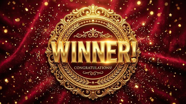 Golden winner announcement with sparkling red background celebrating success and achievement