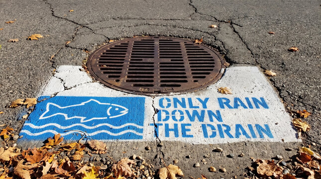 Stormwater drain markings on urban street asphalt with autumn leaves. Metal sewer grate features fish icon. Vital stormwater drain concept for city ads. Protect stormwater drain from pollution.