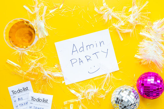 Admin night party concept. Confetti and disco balls, top view. Work with fun.