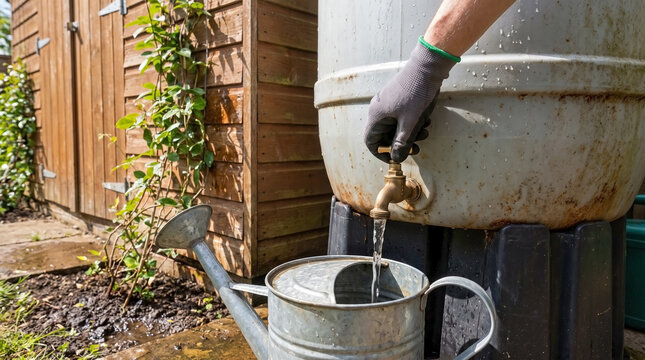 Sustainable water use demonstrated by filling metal watering can from garden rain barrel. Resourceful sustainable water use includes brass tap and gloves. Concept sustainable water use for blogs.