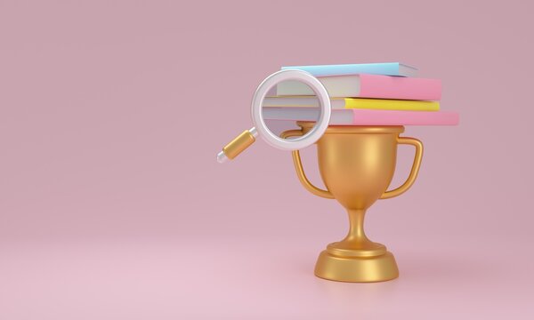 Golden trophy with books and magnifying glass