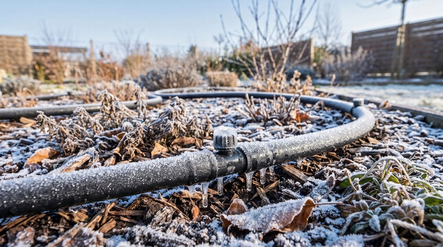 Winter gardening maintenance featuring frosted drip irrigation pipes in backyard. Winter gardening maintenance includes protecting plants from ice. Concept winter gardening maintenance for blog post.