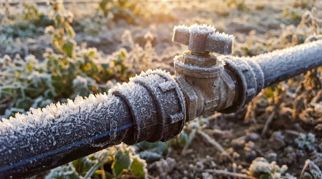 Frozen irrigation pipe with ice crystals on metal valve in winter field. Frozen irrigation pipe shows morning frost during cold weather season. Detailed view of frozen irrigation pipe on farm land.