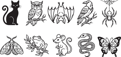 Fototapeta premium Spooky halloween mystical animals vector line art collection with black cat owl bat raven spider moth frog mouse snake butterfly icons