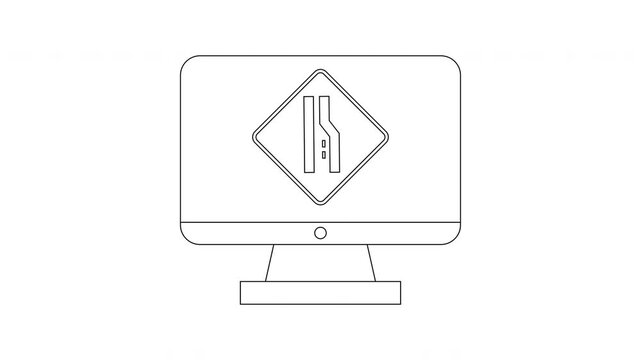 Computer Screen Displays Road Merge Traffic Sign Icon.