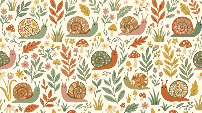seamless repeating pattern featuring cute snails with colorful spiral shells moving among leaves
