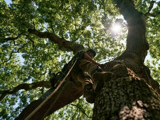 Fototapeta premium An arborist in safety gear and harness climbing a large mature oak tree in a sunny forest, performing tree surgery, pruning, and maintenance work