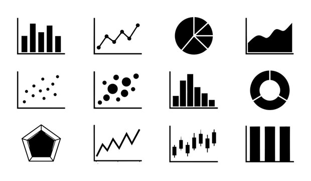 12 Data Visualization Icons, Vector Graphics Set: Bar Charts, Line Graphs, Pie Charts, Scatter Plots, Candlestick Charts, and More for Business Analytics and Reporting