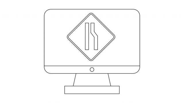 Computer Screen Displays Road Narrowing Traffic Sign Icon.