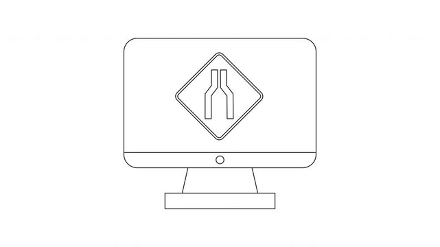 Computer Screen Displays Road Narrowing Traffic Sign Icon.