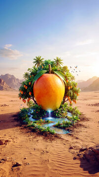 Surreal Giant Mango Fruit Oasis in a Desert Landscape