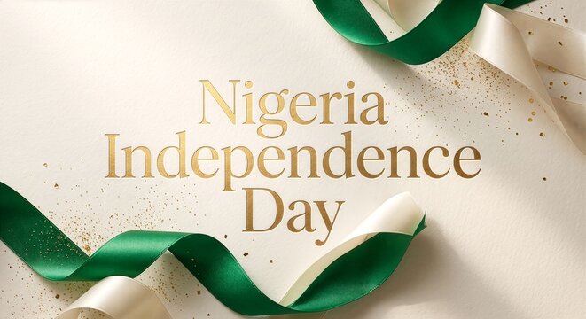 Nigeria Independence Day Celebration Background with Green and White Ribbons, Golden Confetti, and Elegant Festive Typography