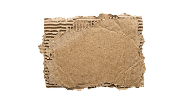 Torn brown corrugated cardboard piece isolated on transparent background