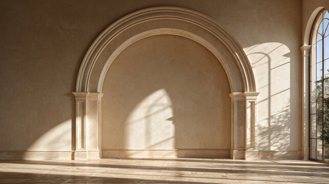 Minimal beige arch interior with strong window shadows