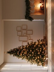 Fototapeta premium Gallery wall of empty wooden frames above christmas tree in cozy living room
