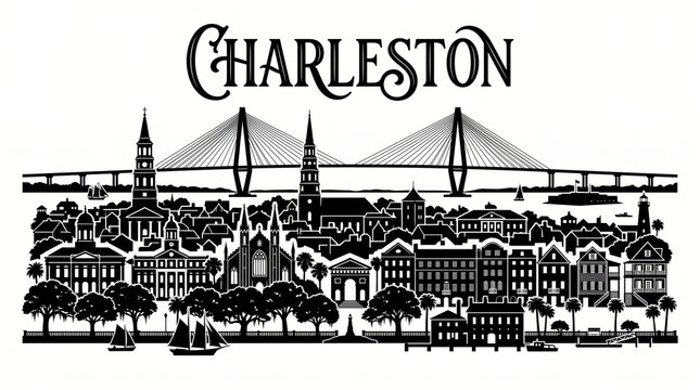 Extremely detailed Charleston, South Carolina silhouette featuring Arthur Ravenel Jr. Bridge, historic church steeples, Rainbow Row, Charleston single houses, Battery waterfront, Fort Sumter