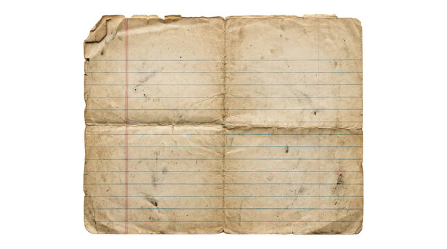 Vintage aged lined notebook paper with folds isolated on transparent background