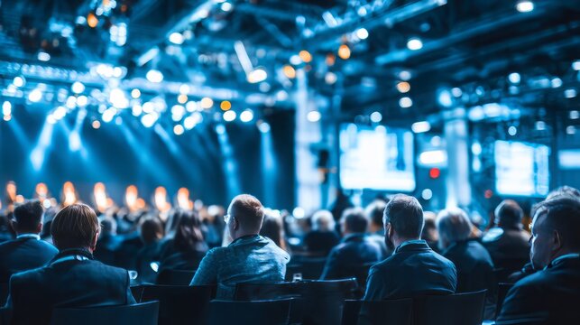Corporate conference audience in blue lighting, business seminar event with blurred crowd, professional keynote presentation hall