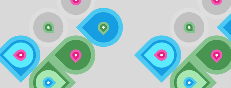 Abstract pattern features colorful overlapping shapes. Circles, rectangles create repeating design. Light background enhances vibrant hues.