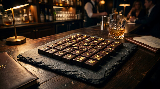 Dark chocolate squares with gold leaf garnish arranged on slate, served in a dimly lit bar setting