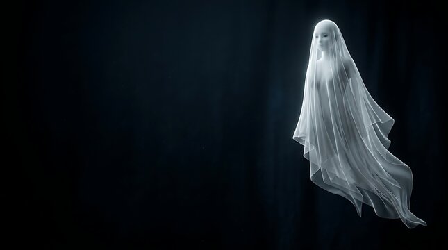 Ethereal ghostly figure of a woman in a white dress floating in dark background