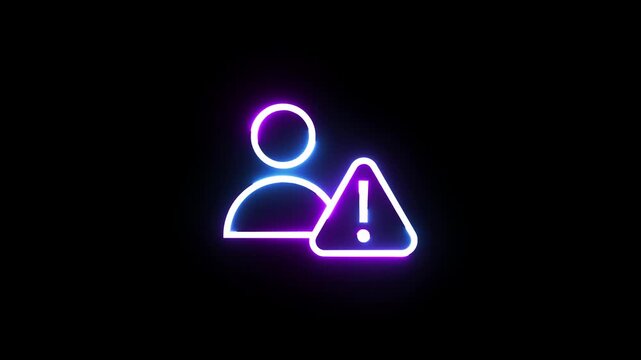 Neon user alert sign glowing with dynamic light motion isolated on black studio background.
