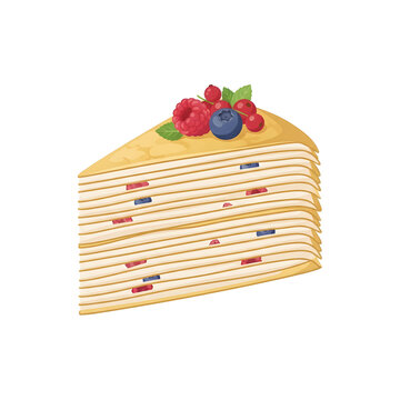 Slice of crepe cake with fresh berries isolated on white background, vector illustration