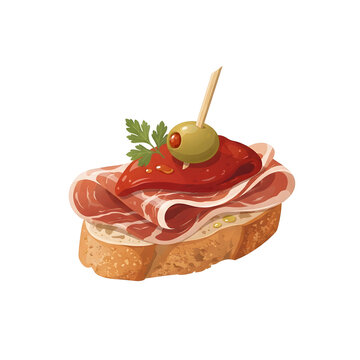 Spanish tapas pintxos with jamon serrano ham, roasted red pepper, green olive, and parsley on toasted baguette vector illustration isolated on white background