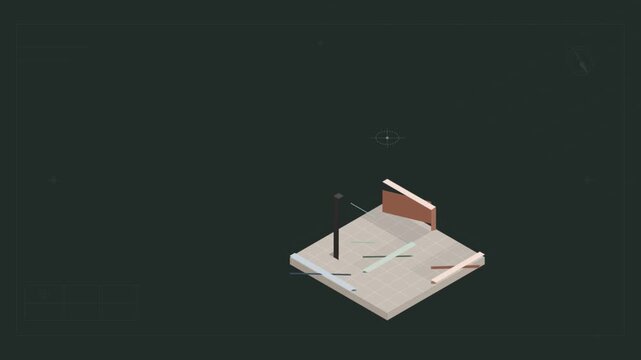 Isometric architecture diagram showing structural building components and walls falling apart
