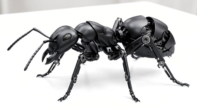 Mechanical black ant robot with complex metallic joints standing on a clean white studio surface