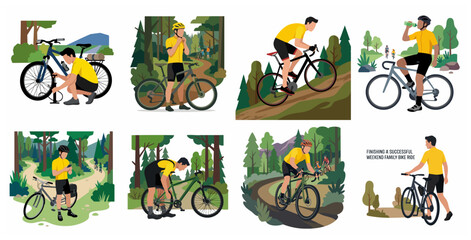 Fototapeta premium Vector Illustrations Set of a Male Cyclist Riding and Maintaining a Mountain Bike in the Forest for Outdoor Adventure, Fitness, and Active Lifestyle
