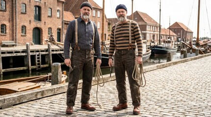 Fototapeta premium Two fishermen in vintage clothing stand on a cobblestone dock with ropes and tools