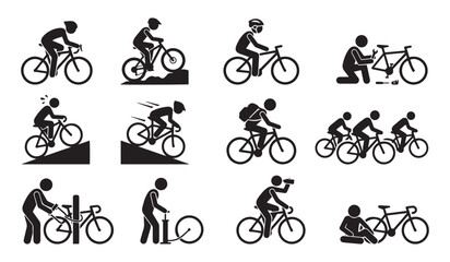 Naklejka premium Cycling Pictogram Icon Set – Road Bike, Mountain Biking, BMX Jump, Group Ride, Bicycle Repair Silhouette Icons, Cycling Sport and Activity Lifestyle Set