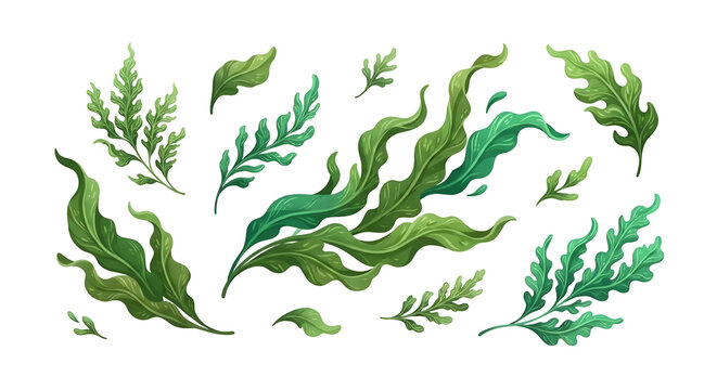 Set of green seaweed, wakame, and marine plants isolated illustration