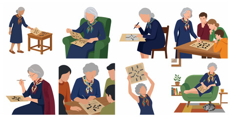 Fototapeta premium Senior Woman Solving Crossword Puzzles Collection, Elderly Person Mental Exercise and Family Bonding Flat Vector Illustration Set