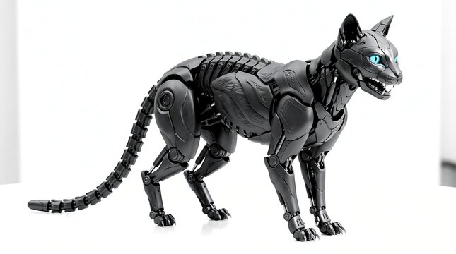 Sleek robotic cat with glowing blue eyes stands in a modern white studio lighting environment setting