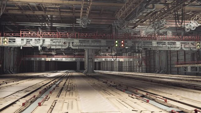Service zone next to hub with rails, Uncovered operational space located beside central control hub equipped with railway lines for accessibility