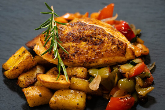 Gebratenes Maish&auml;hnchen mit Rosmarinkartoffeln und mediterranem Gem&uuml;se