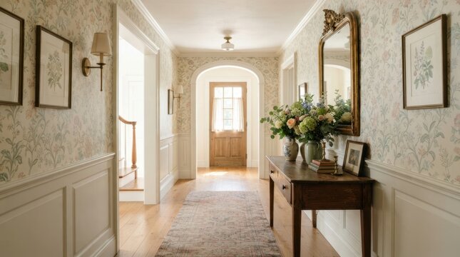 Charming hallway with floral wallpaper and antique console table