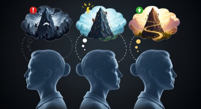 Conceptual showing three human head silhouettes with thought bubbles depicting different mountain climbing scenarios, representing mindset, problem solving, and goal achievement