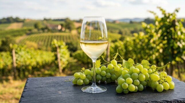 Glass of white wine and fresh grapes on a slate table with vineyard background